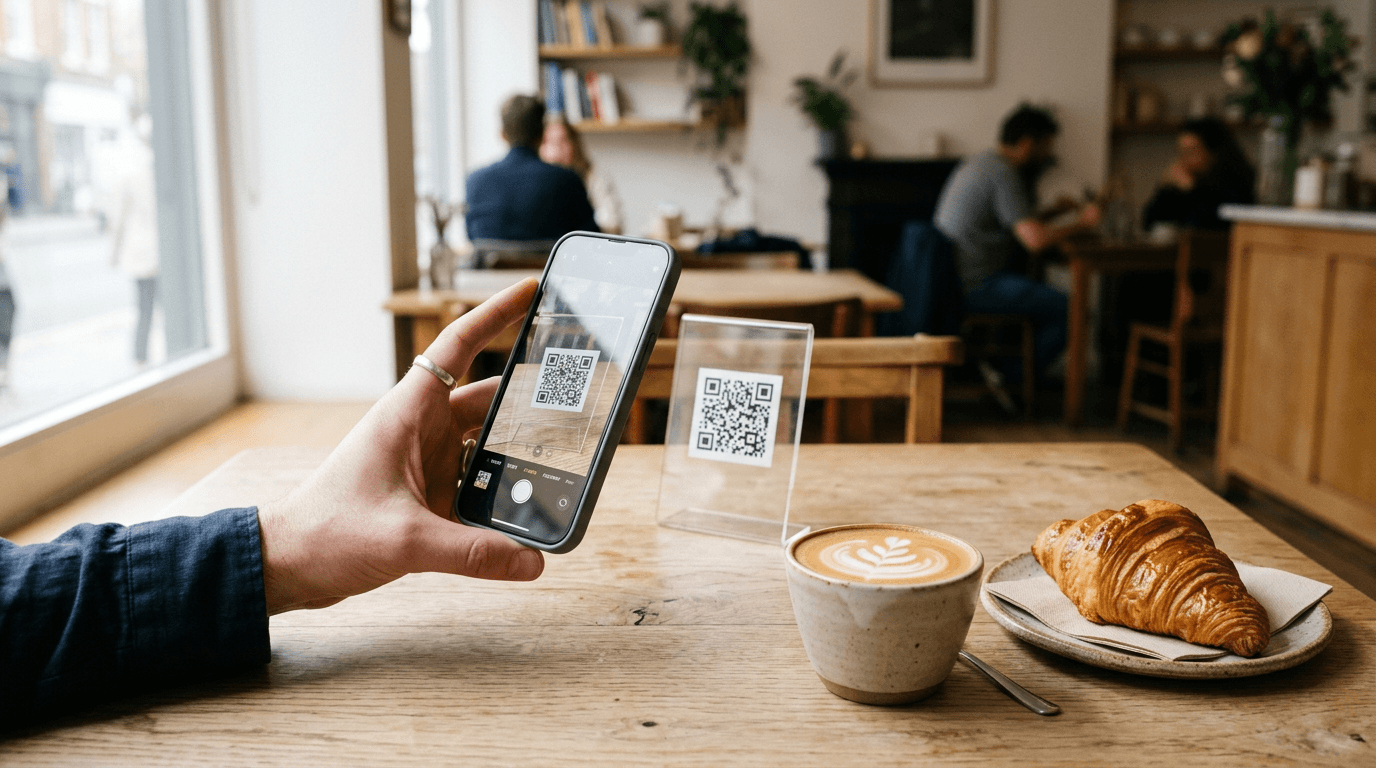 Una mano escaneando con el móvil un QR en la mesa de una cafetería