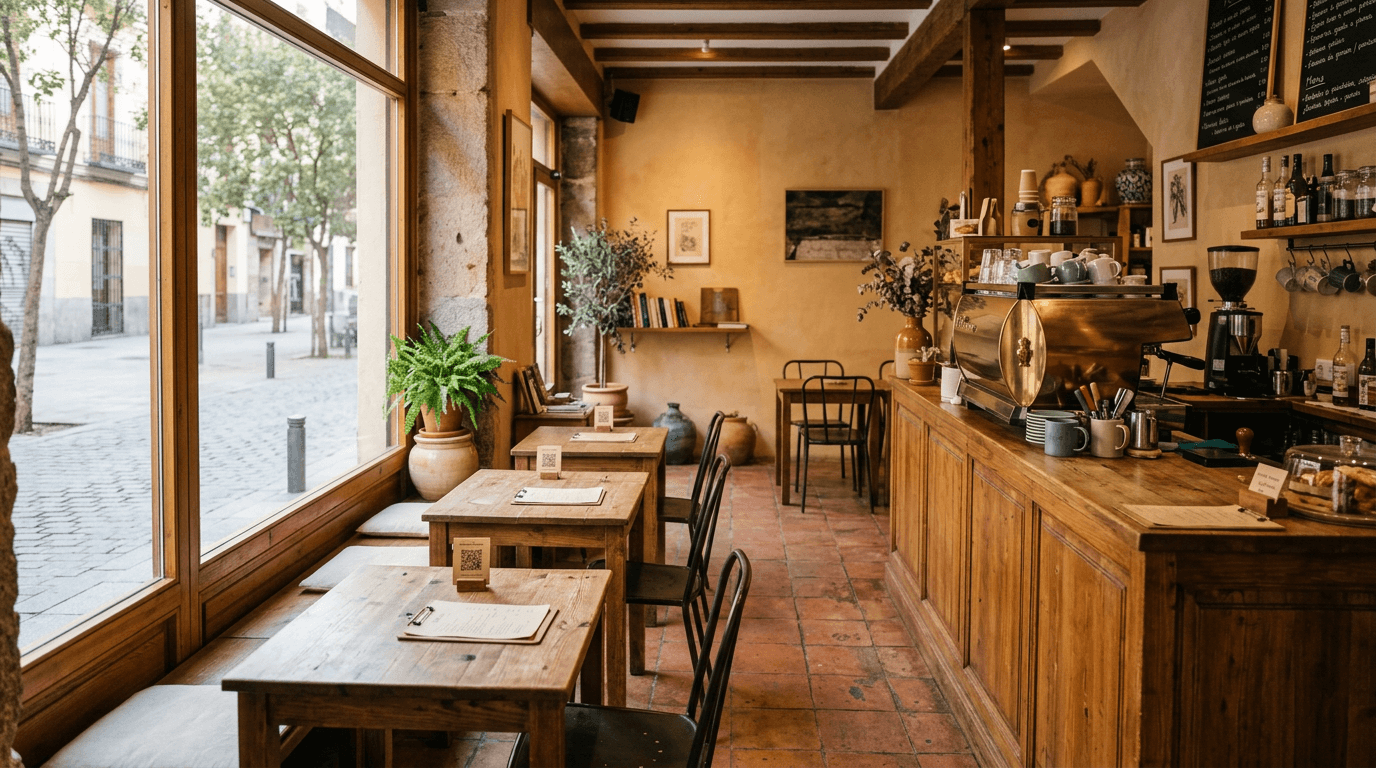 Interior de una cafetería pequeña con códigos QR en las mesas
